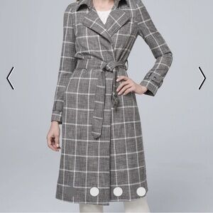 White House Black Market Gray Plaid Belted Trench Coat